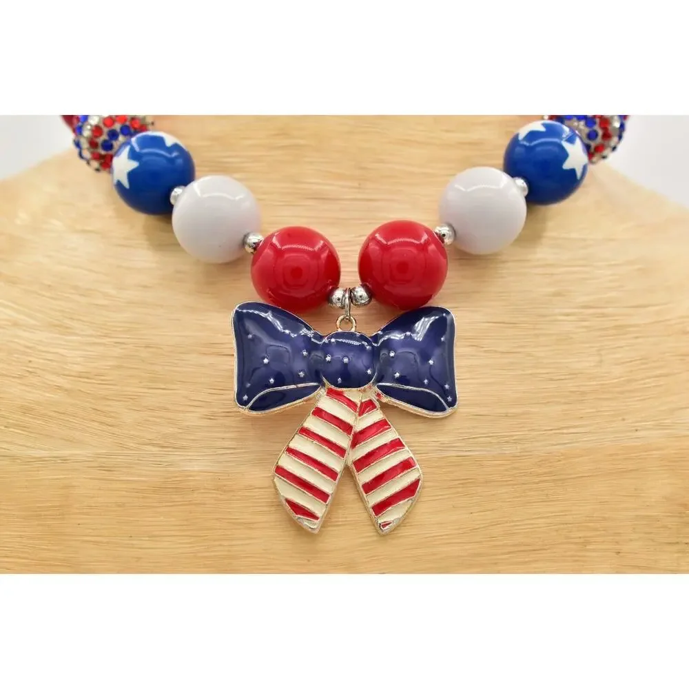 Statement Necklace American Flag Star Red White Blue Beaded 4th July USA BinA17